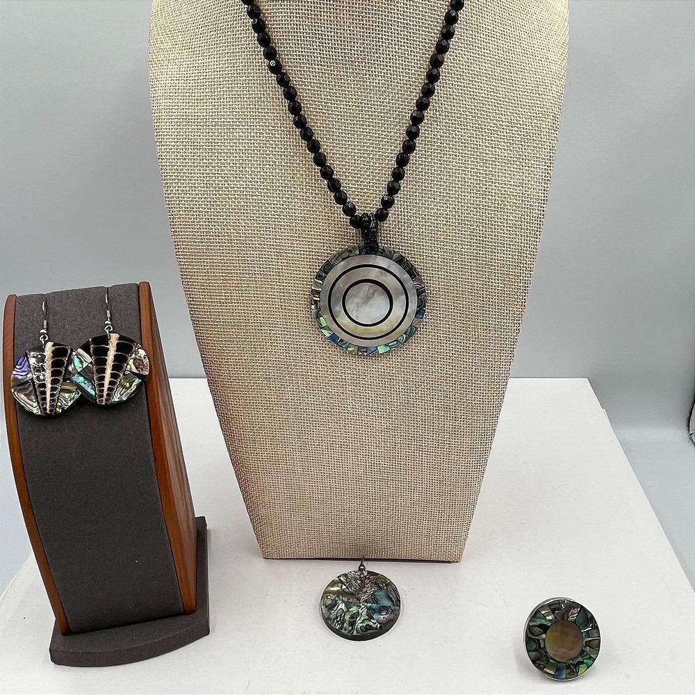 Vintage Y2K Abalone Shell Inlay Geometric Necklace, Earrings & Ring Set Retro